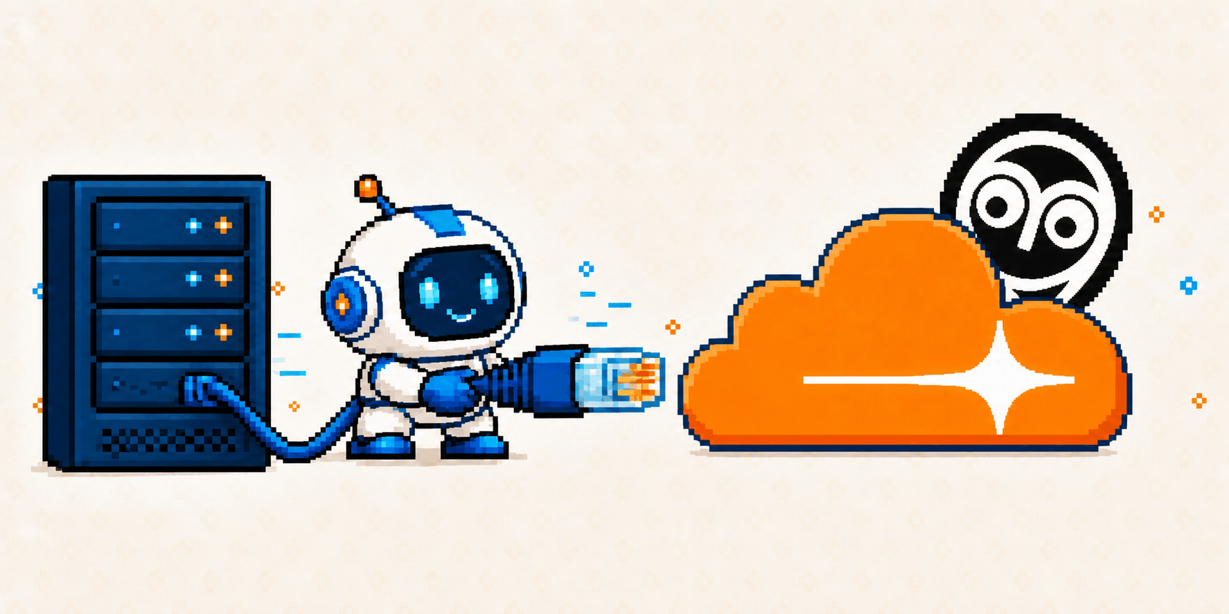 像素机器人从服务器接出网线，准备连接 NSCF Cloudflare 图标